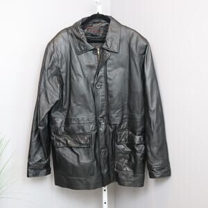 Phase‎ Two Black Leather Jacket Men’s Size L Button Front Pockets